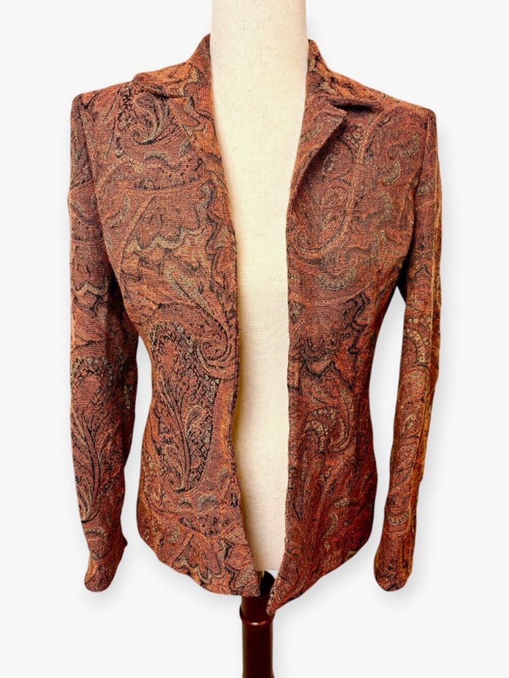 Vintage 90s Kasper Orange Brown Paisley Tapestry Open Front Blazer Size 4